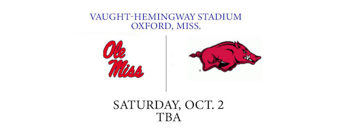 A graphic showing the Arkansas and Ole Miss logo with the game's location, date and time.